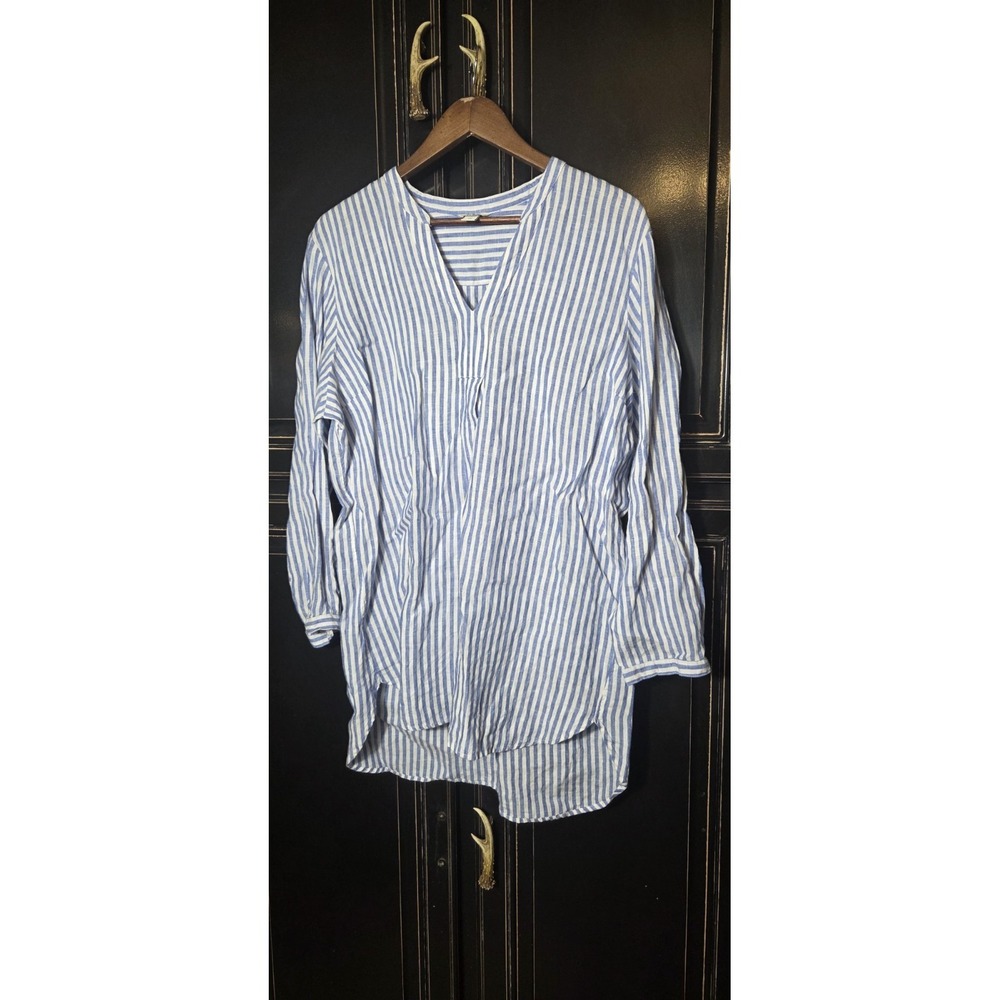 L.L. Bean XL 100% Linen Tunic Stripe High Low Shirt,nautical,Vacation,coastal